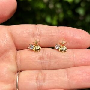 18K Gold Plated Stainless Steel Sea Shell & Starfish Stud Earrings
